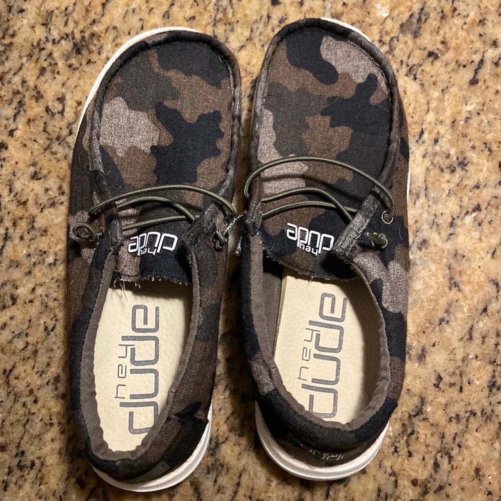 Brand new youth camo Hey Dudes, never been worn!